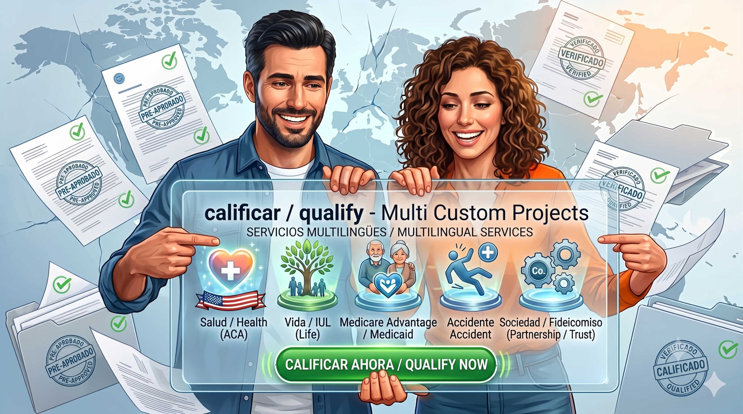 calificar / qualify — Multi Custom Projects: servicios multilingües (Salud/ACA, Vida/IUL, Medicare Advantage/Medicaid, Accidente, Sociedad/Fideicomiso)