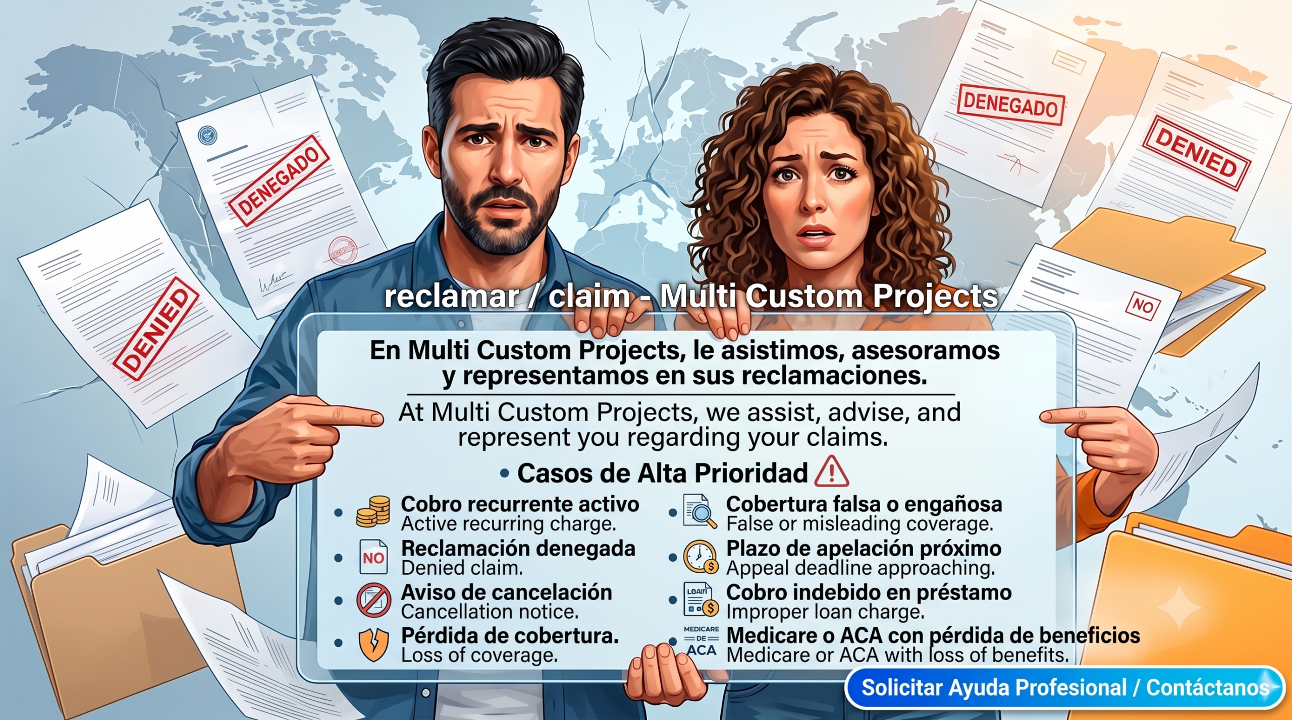 reclamar / claim — Multi Custom Projects: casos de alta prioridad (cobro recurrente activo, reclamación denegada, aviso de cancelación, pérdida de cobertura, cobertura falsa o engañosa, plazo de apelación próximo, cobro indebido en préstamo, Medicare o ACA con pérdida de beneficios)